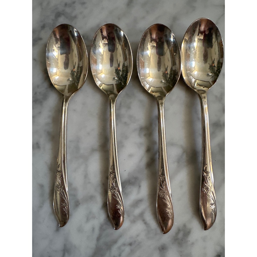 1847 Rogers Bros Springtime Silverplate Soup Spoons Set of 4 Floral Vintage IS